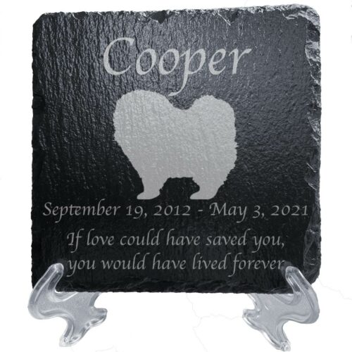 Engraved silhouette memorial slate plaque, stand, Pomeranian 1