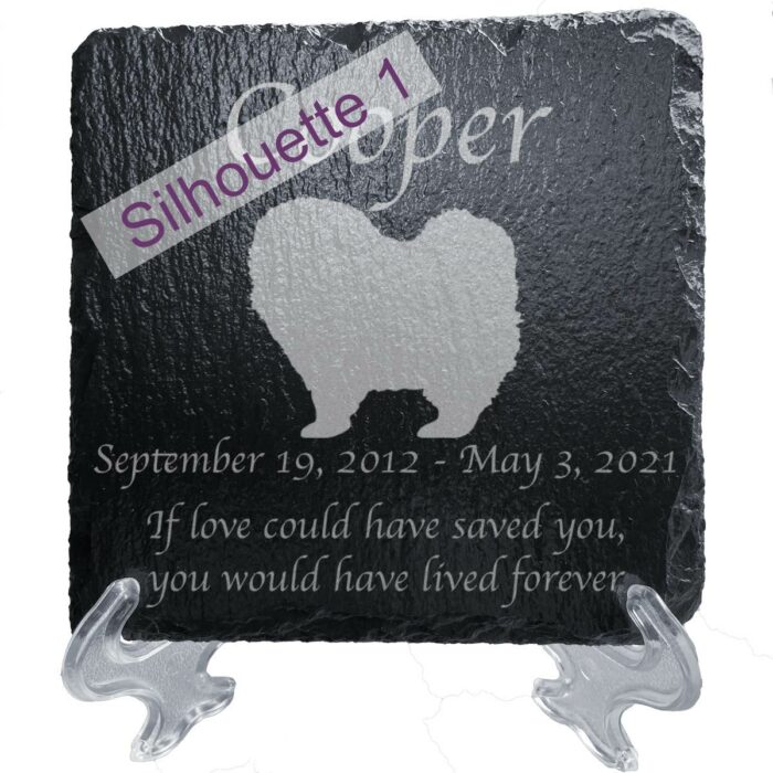 Engraved silhouette memorial slate plaque, stand, Pomeranian sill1