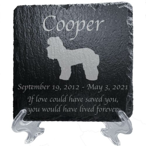 Engraved silhouette memorial slate plaque, stand, Poodle 1