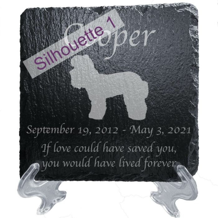 Engraved silhouette memorial slate plaque, stand, Poodle sill1