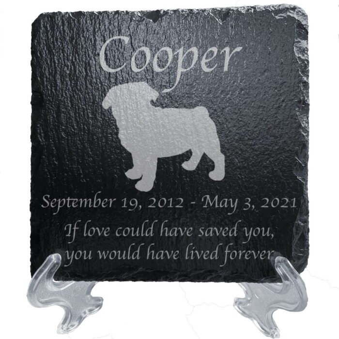 Engraved silhouette memorial slate plaque, stand, Pug 1