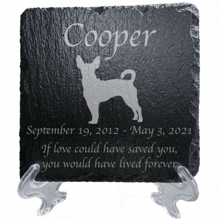 Engraved silhouette memorial slate plaque, stand, Rat Terrier 1