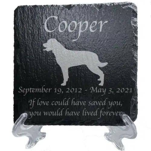 Engraved silhouette memorial slate plaque, stand, Rottweiler 1