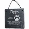 4x4 engraved slate stone pet memorial plaque, dog paw print, block font, with attached cord