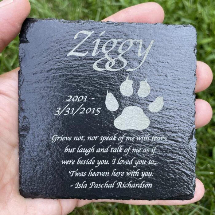 4x4 engraved slate stone pet memorial plaque, cat paw print, script font