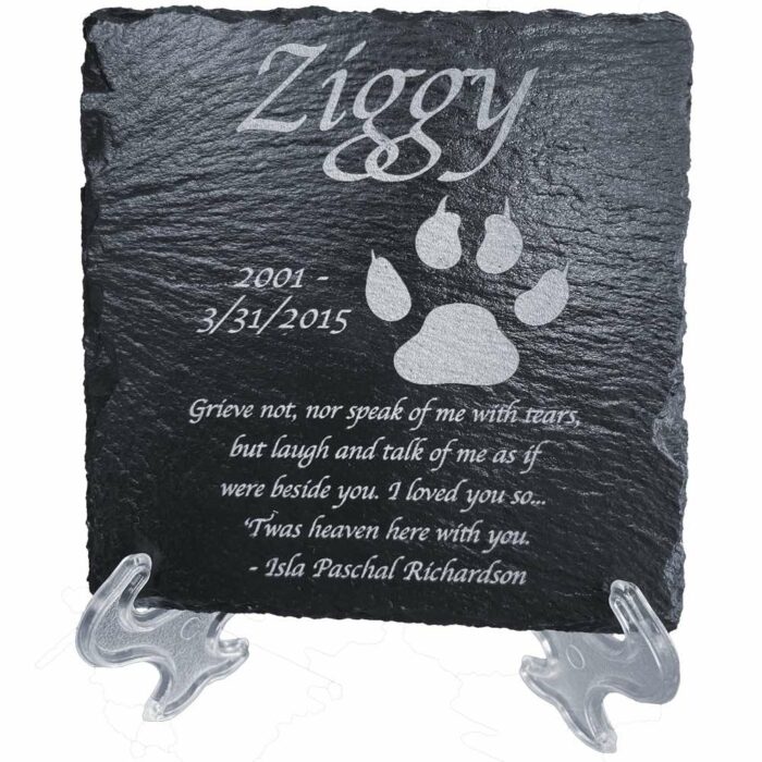 4x4 engraved slate stone pet memorial plaque, cat paw print, script font, with display stand