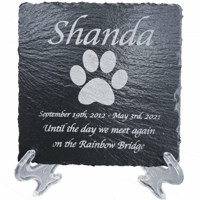 4x4 engraved slate stone pet memorial plaque, dog paw print, script font, with display stand