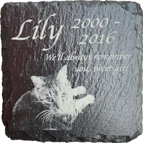 Lily cat engraved memorial slate plaque