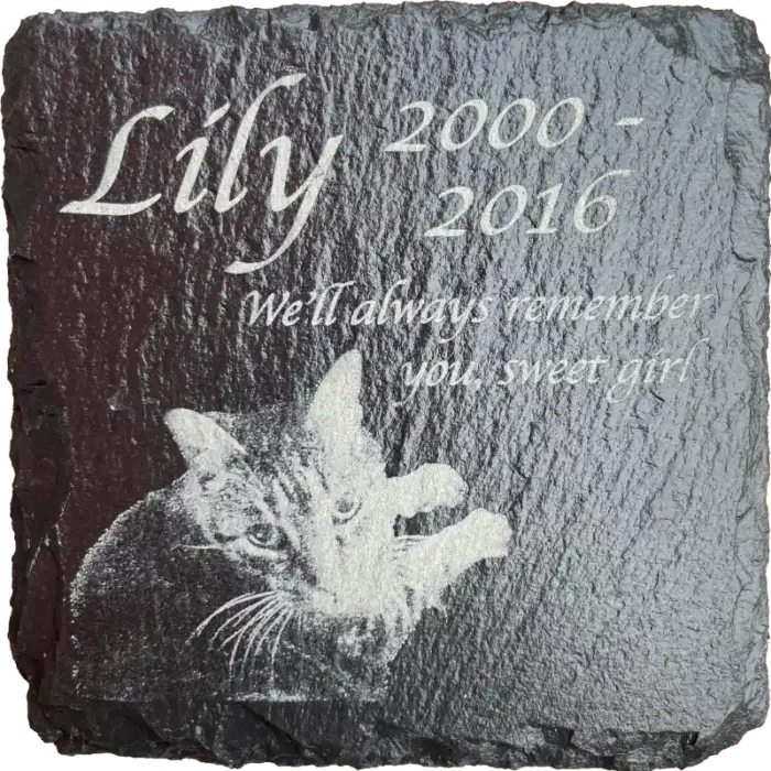 Lily cat engraved memorial slate plaque