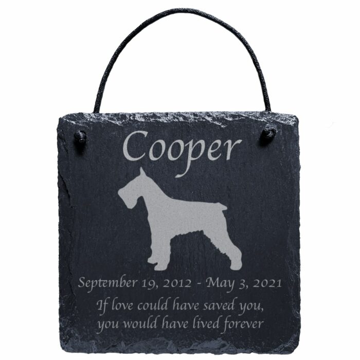 Engraved silhouette memorial slate plaque, cord, Schnauzer 1