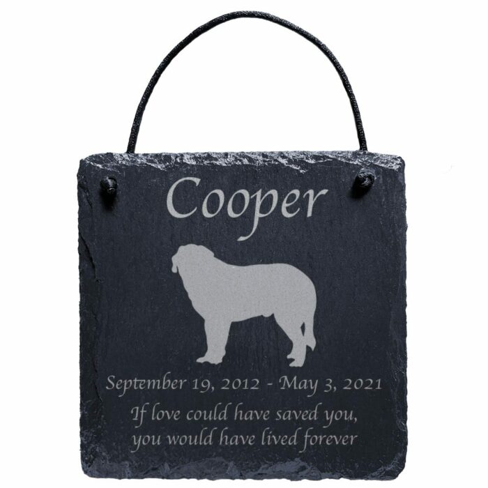 Engraved silhouette memorial slate plaque, cord, Saint Bernard 1