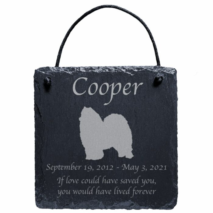 Engraved silhouette memorial slate plaque, cord, Samoyed 1