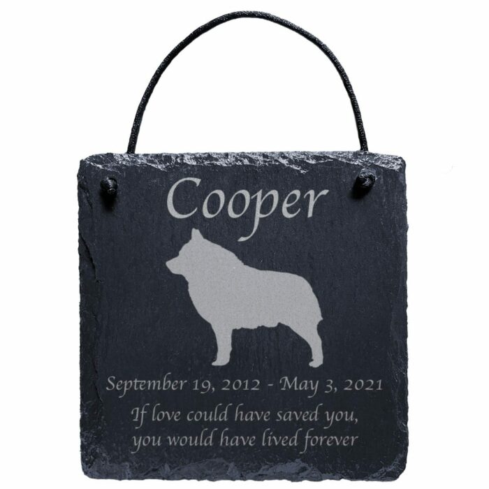 Engraved silhouette memorial slate plaque, cord, Schipperke 1