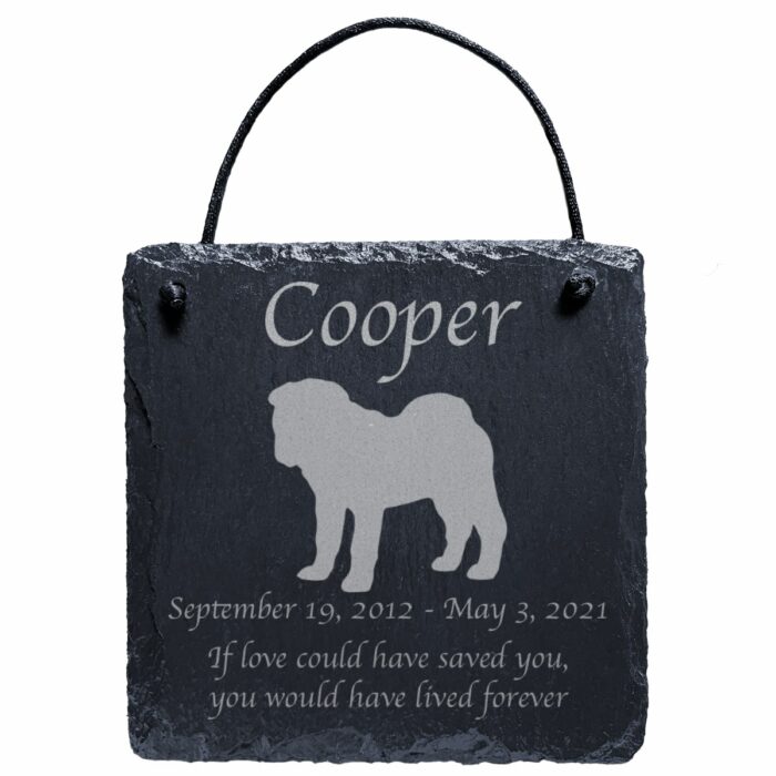 Engraved silhouette memorial slate plaque, cord, Shar Pei 1