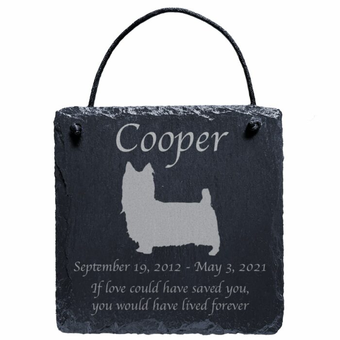 Engraved silhouette memorial slate plaque, cord, Silky Terrier 1