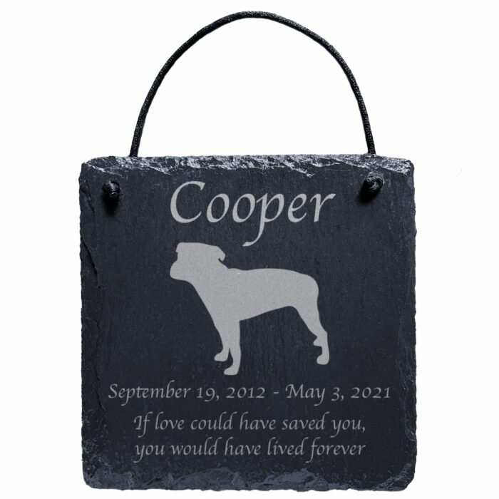 Engraved silhouette memorial slate plaque, cord, Staffordshire Bull Terrier 1