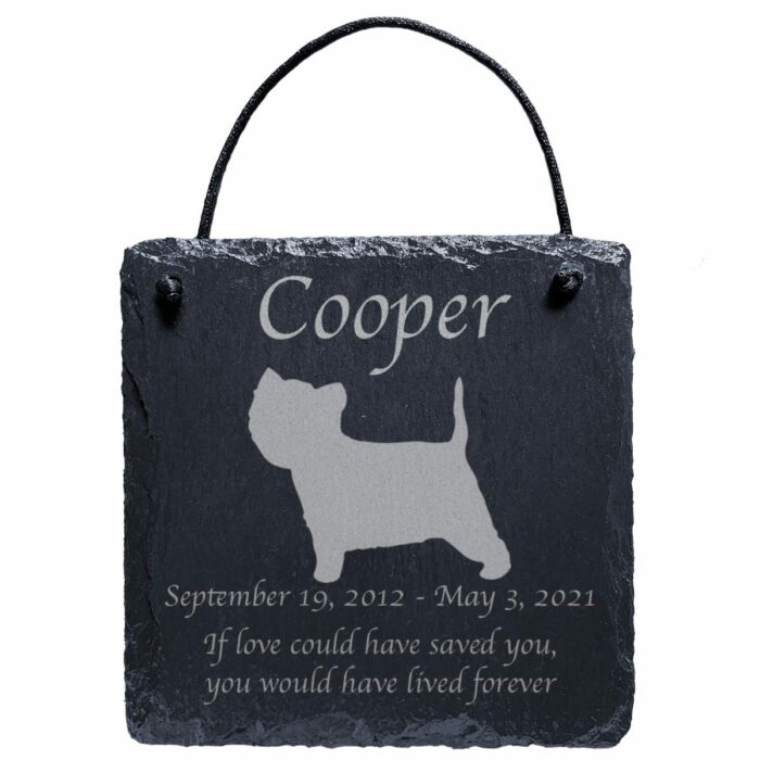 Engraved silhouette memorial slate plaque, cord, West Highland Terrier 1