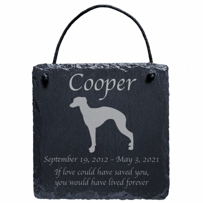 Engraved silhouette memorial slate plaque, cord, Whippet 1