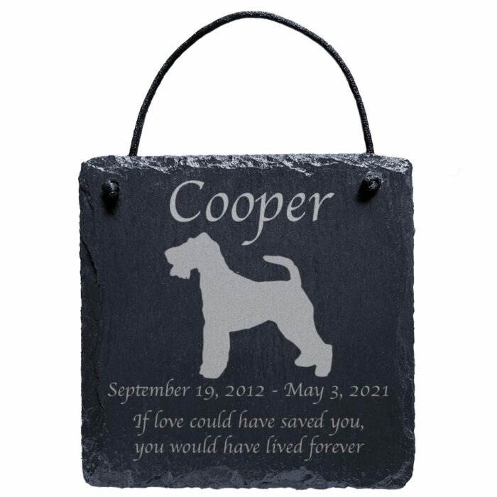 Engraved silhouette memorial slate plaque, cord, Wire Fox Terrier 1