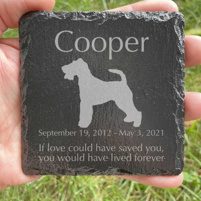 Engraved silhouette memorial slate plaque, grass, Wire Fox Terrier 1