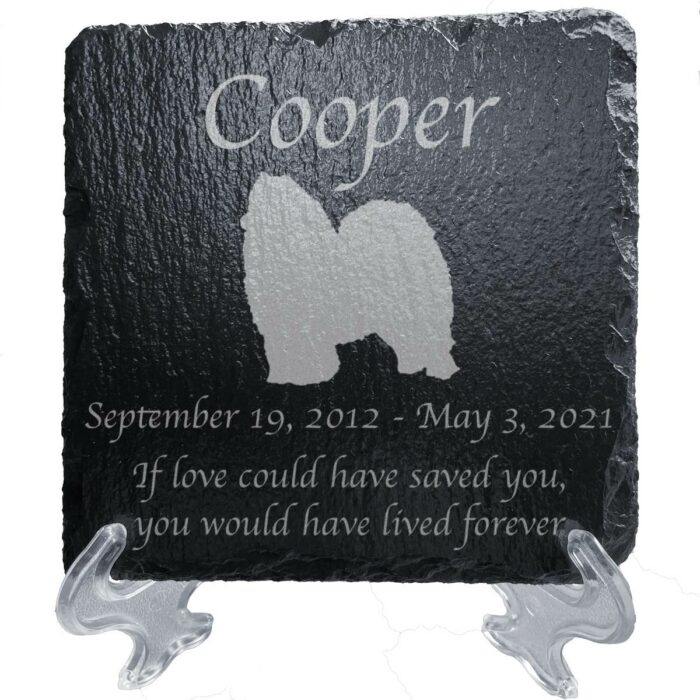 Engraved silhouette memorial slate plaque, stand, Samoyed 1