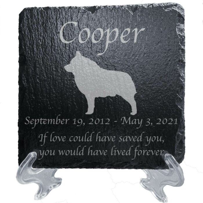 Engraved silhouette memorial slate plaque, stand, Schipperke 1