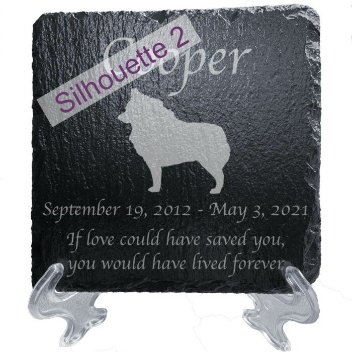 Engraved silhouette memorial slate plaque, stand, Schipperke sill2