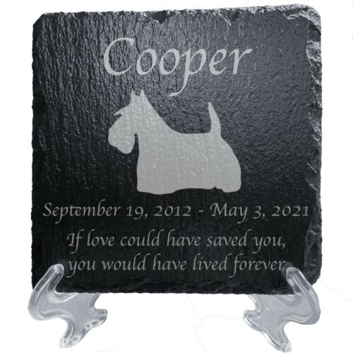 Engraved silhouette memorial slate plaque, stand, Scottish Terrier 1