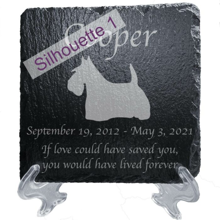 Engraved silhouette memorial slate plaque, stand, Scottish Terrier sill1