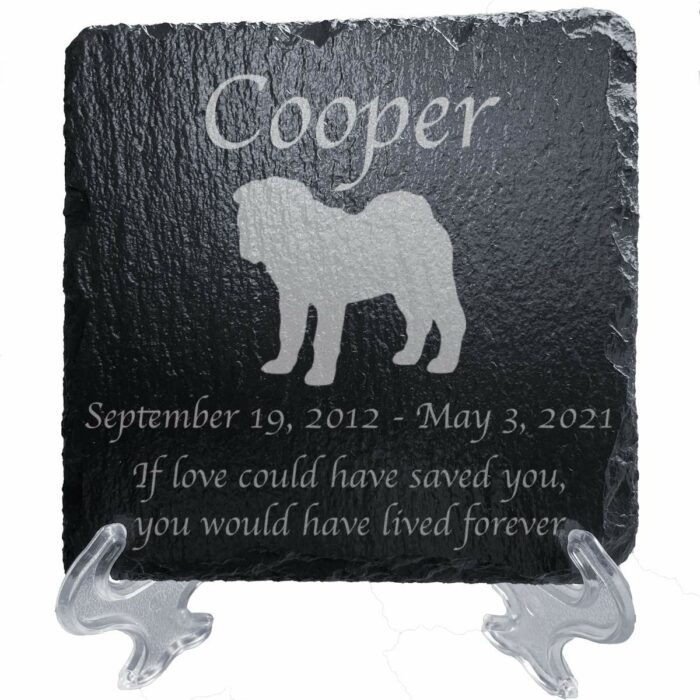 Engraved silhouette memorial slate plaque, stand, Shar Pei 1