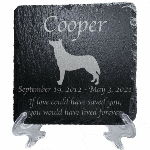 Engraved silhouette memorial slate plaque, stand, Siberian Husky 1