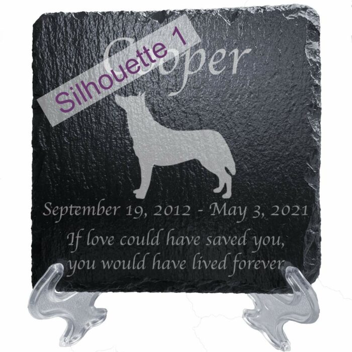 Engraved silhouette memorial slate plaque, stand, Siberian Husky sill1