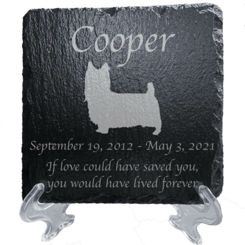 Engraved silhouette memorial slate plaque, stand, Silky Terrier 1