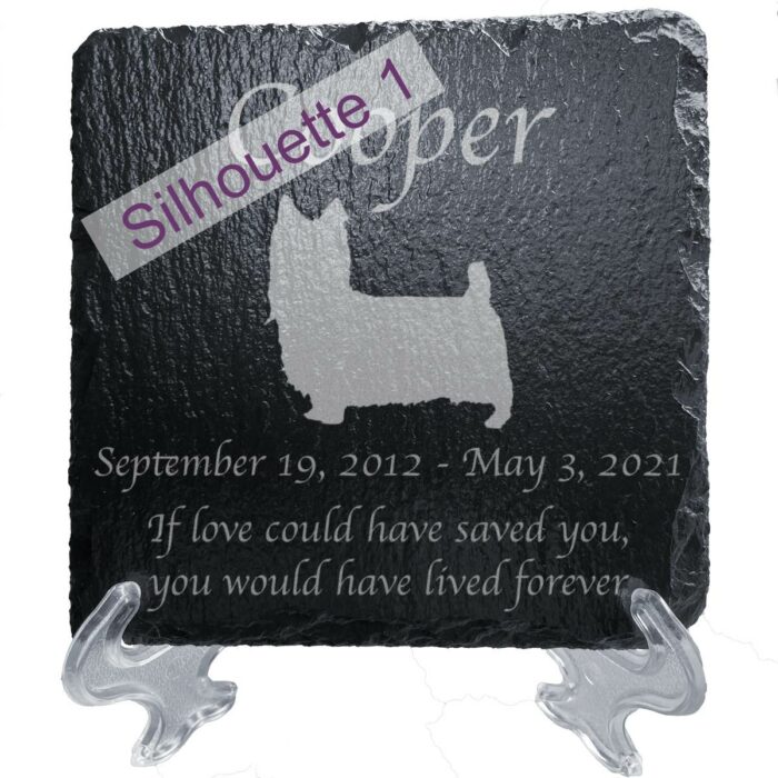 Engraved silhouette memorial slate plaque, stand, Silky Terrier sill1