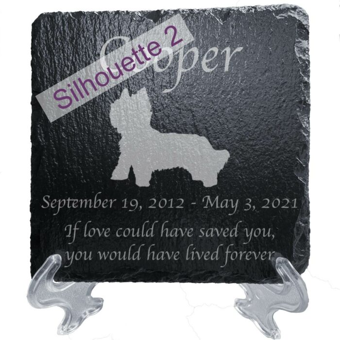 Engraved silhouette memorial slate plaque, stand, Silky Terrier sill2