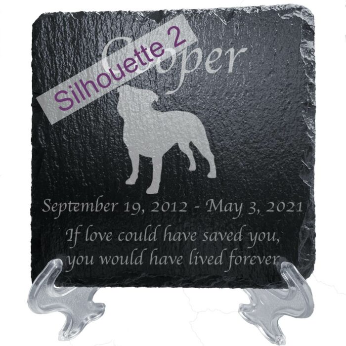 Engraved silhouette memorial slate plaque, stand, Staffordshire Bull Terrier sill2