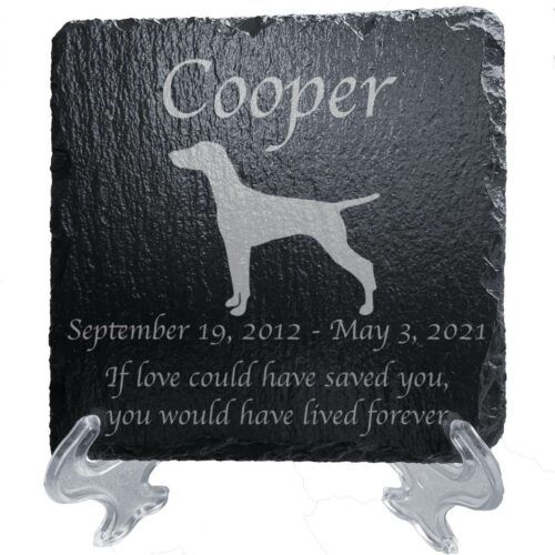 Engraved silhouette memorial slate plaque, stand, Vizsla 1