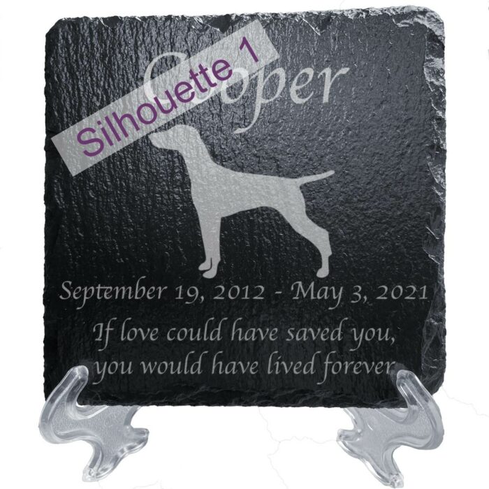 Engraved silhouette memorial slate plaque, stand, Vizsla sill1