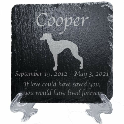 Engraved silhouette memorial slate plaque, stand, Whippet 1