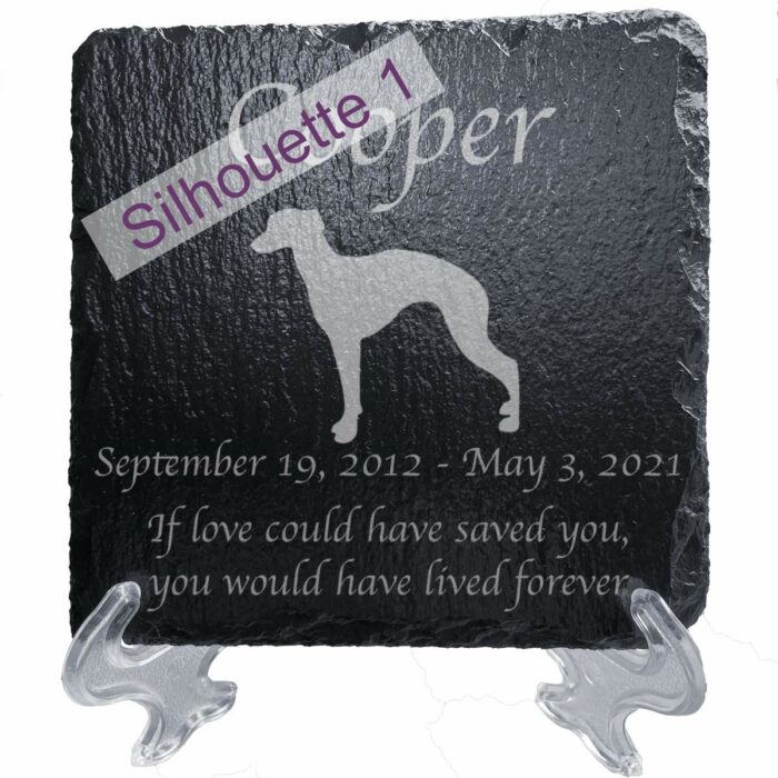 Engraved silhouette memorial slate plaque, stand, Whippet sill1