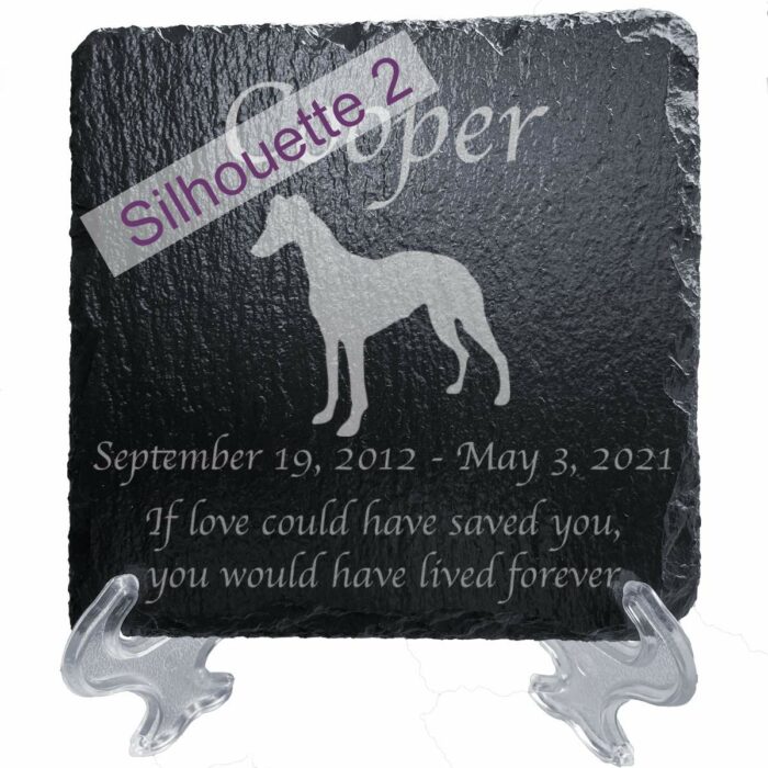 Engraved silhouette memorial slate plaque, stand, Whippet sill2