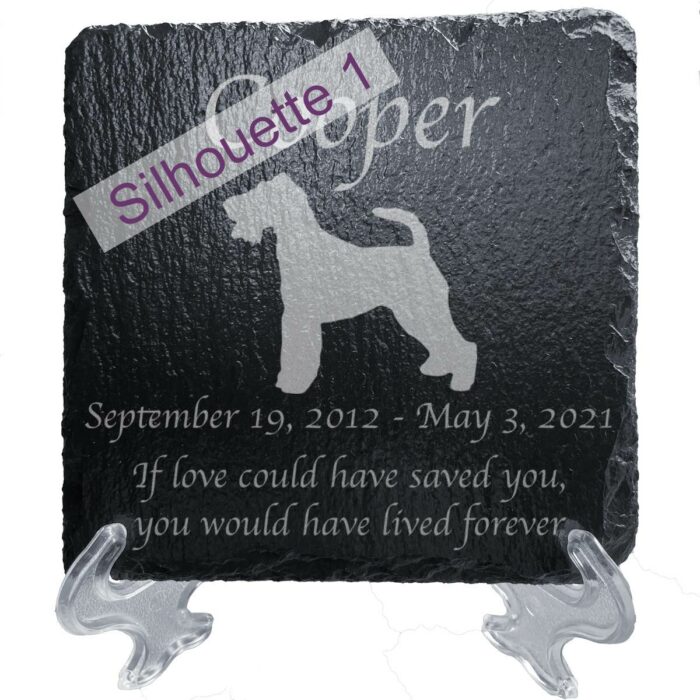 Engraved silhouette memorial slate plaque, stand, Wire Fox Terrier sill1