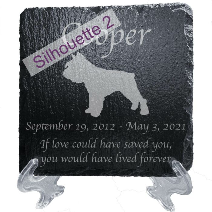 Engraved silhouette memorial slate plaque, stand, Schnauzer sill2