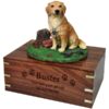 Golden Retriever with stump figurine memorial cremation urn, engraved wood