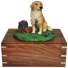 Golden Retriever with stump figurine memorial cremation urn, front