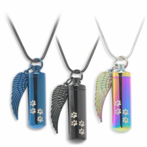 Cylinder with paw prints and wing pet memorial cremation pendant