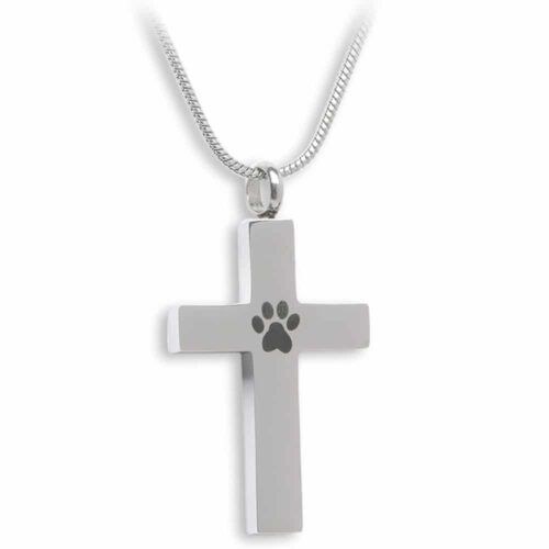 Cross with paw print pet memorial cremation pendant