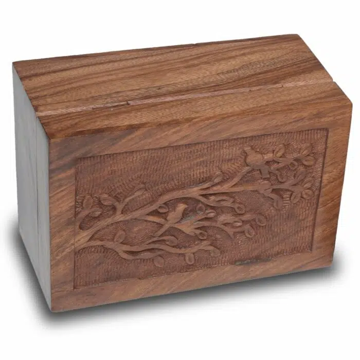 Bogati Birdsong© Hand-carved hinged rosewood cremation urn, medium