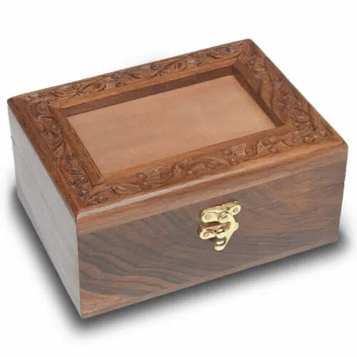 Bogati Hand-carved hinged rosewood photo cremation urn, medium