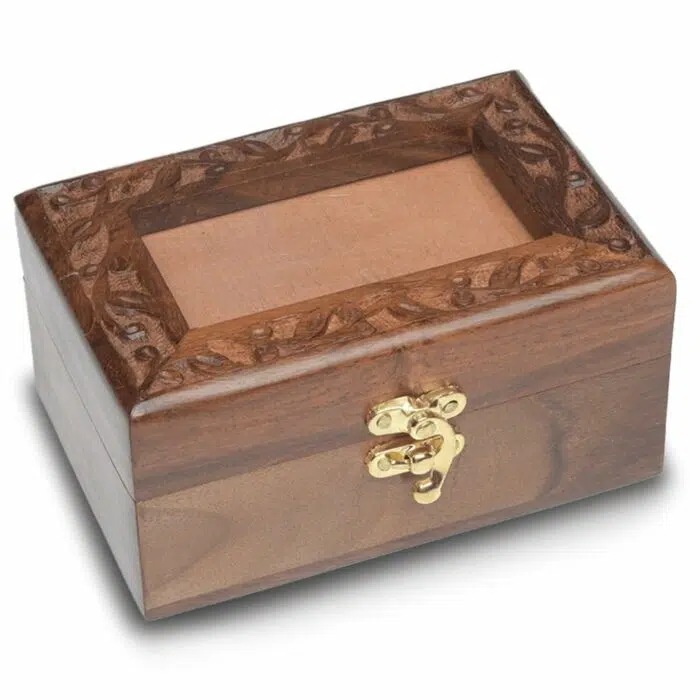 Bogati Hand-carved hinged rosewood photo cremation urn, small